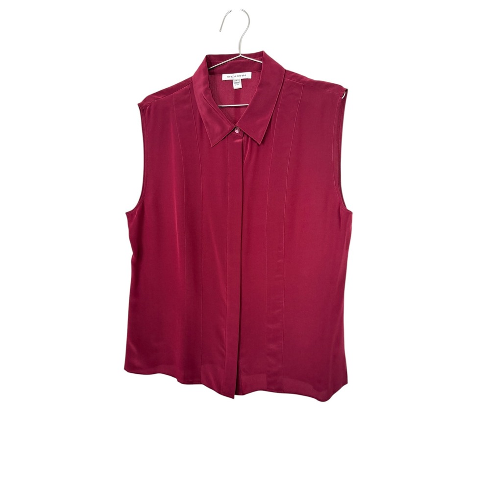 St. John Burgundy 100% Silk Sleeveless Pintuck Pleat Blouse Top Size 16
